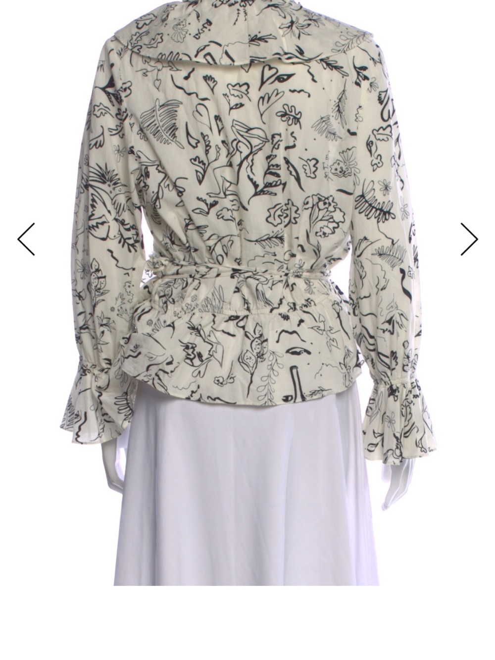 RIXO Cream Blouse with Black Floral Line Print and Tie Waist